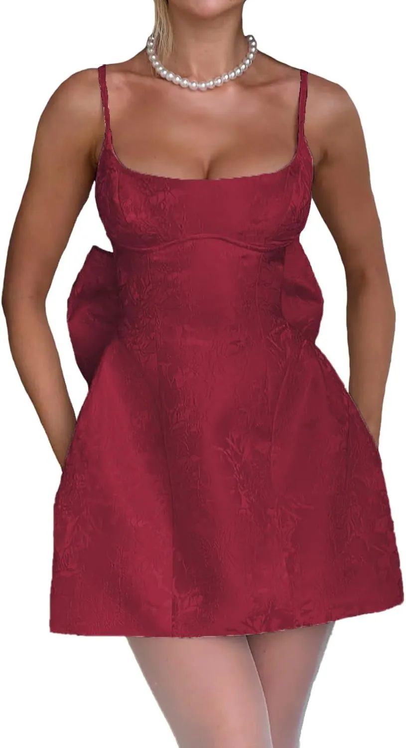 LECOYOYO Jacquard Homecoming Dresses with Bow Satin Short Prom Dress for Teens Spaghetti Straps Cocktail Party Dress
