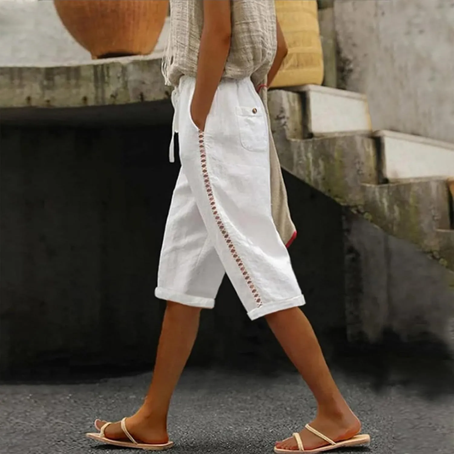 Linen Bermuda Shorts for Women Knee Length Drawstring Shorts High Waisted Long Shorts Casual Beach Shorts w/Pockets