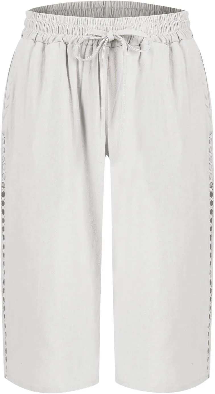 Linen Bermuda Shorts for Women Knee Length Drawstring Shorts High Waisted Long Shorts Casual Beach Shorts w/Pockets