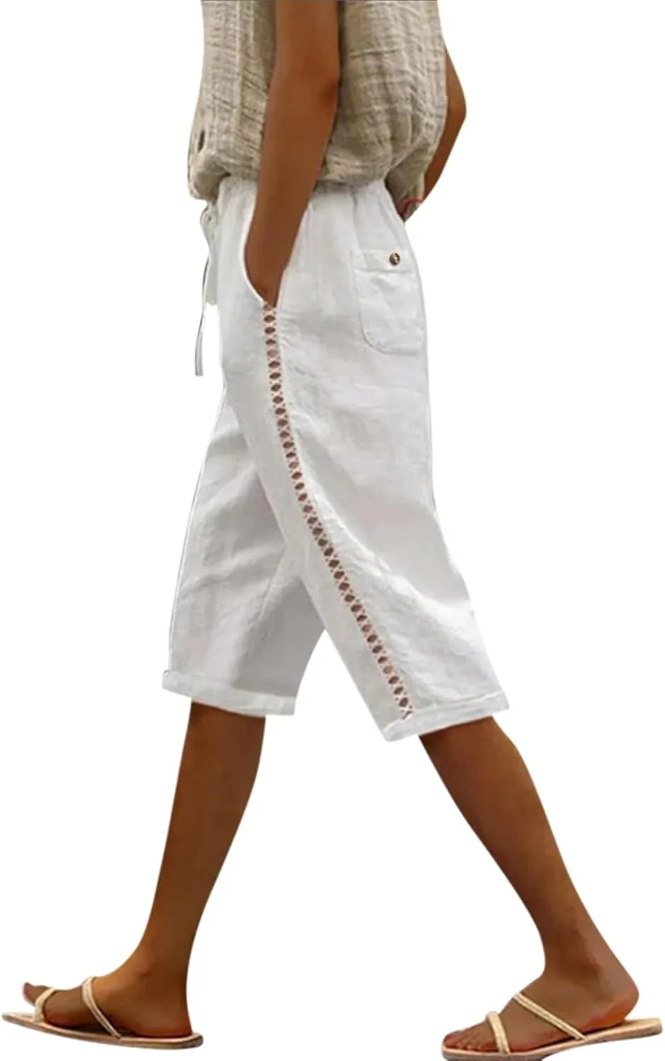 Linen Bermuda Shorts for Women Knee Length Drawstring Shorts High Waisted Long Shorts Casual Beach Shorts w/Pockets