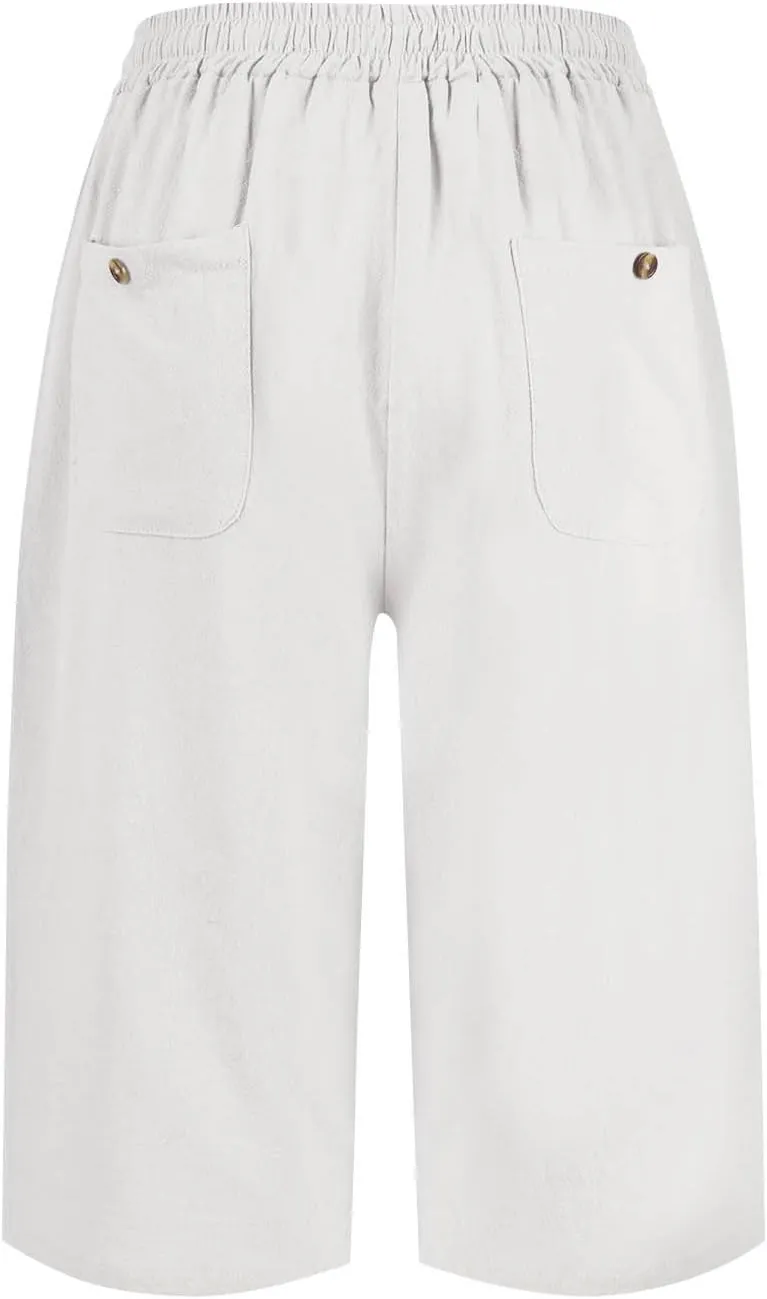 Linen Bermuda Shorts for Women Knee Length Drawstring Shorts High Waisted Long Shorts Casual Beach Shorts w/Pockets