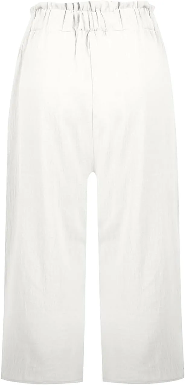 Linen Capri Pants for Women Trendy Summer Loose Fit High Waisted Paperbag Pants Casual Pull on Beach Cropped Trouser