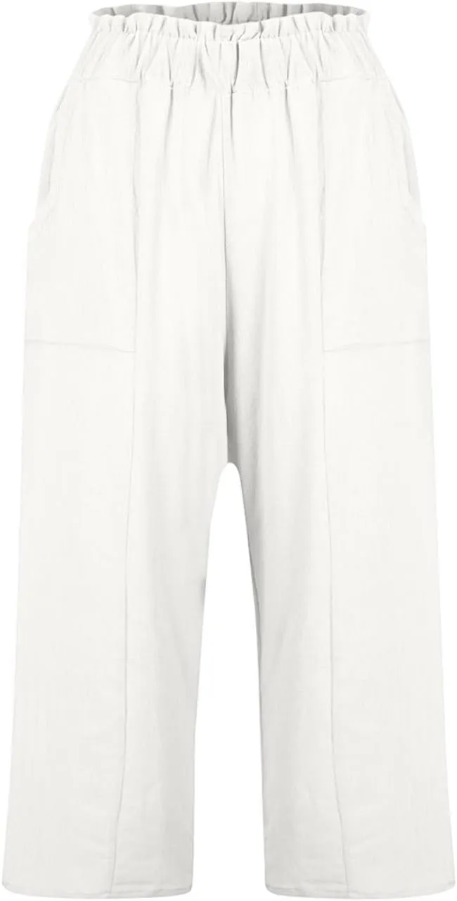 Linen Capri Pants for Women Trendy Summer Loose Fit High Waisted Paperbag Pants Casual Pull on Beach Cropped Trouser