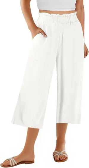 Linen Capri Pants for Women Trendy Summer Loose Fit High Waisted Paperbag Pants Casual Pull on Beach Cropped Trouser