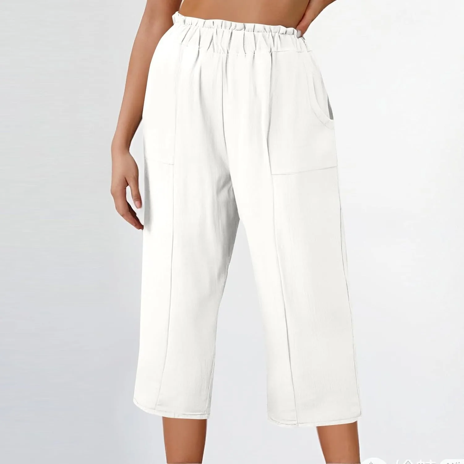Linen Capri Pants for Women Trendy Summer Loose Fit High Waisted Paperbag Pants Casual Pull on Beach Cropped Trouser