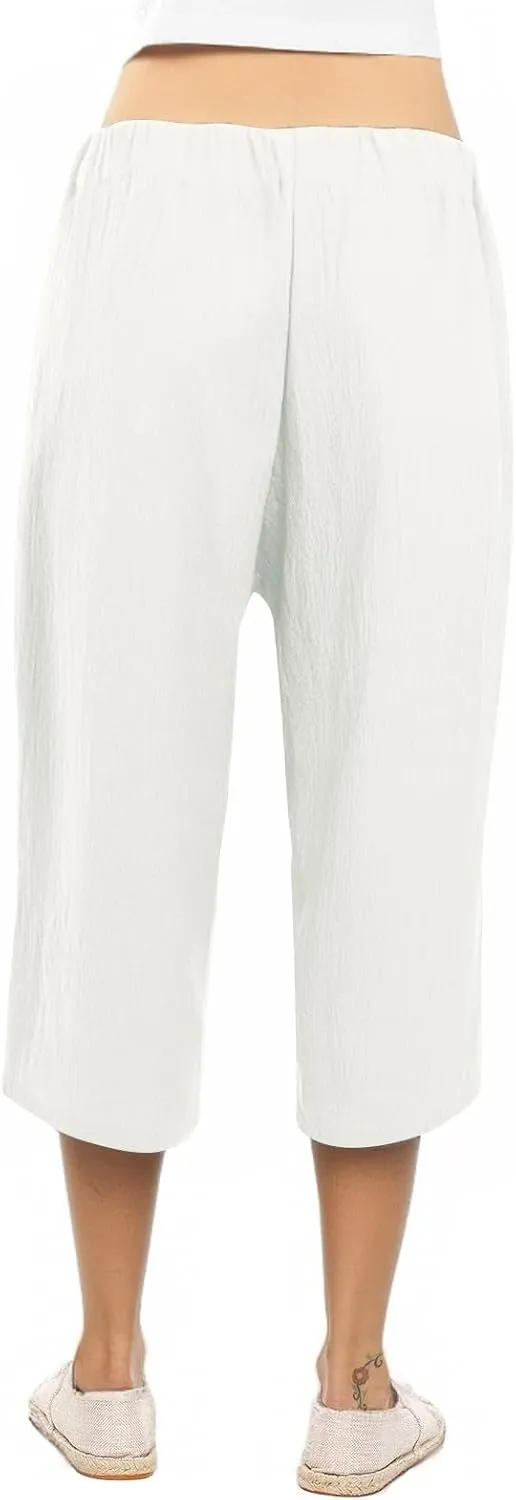Linen Capris for Women Plus Size Paperbag High Waisted Crop Wide Leg Pants with Tie Summer Gaucho Pants Beach Outfits