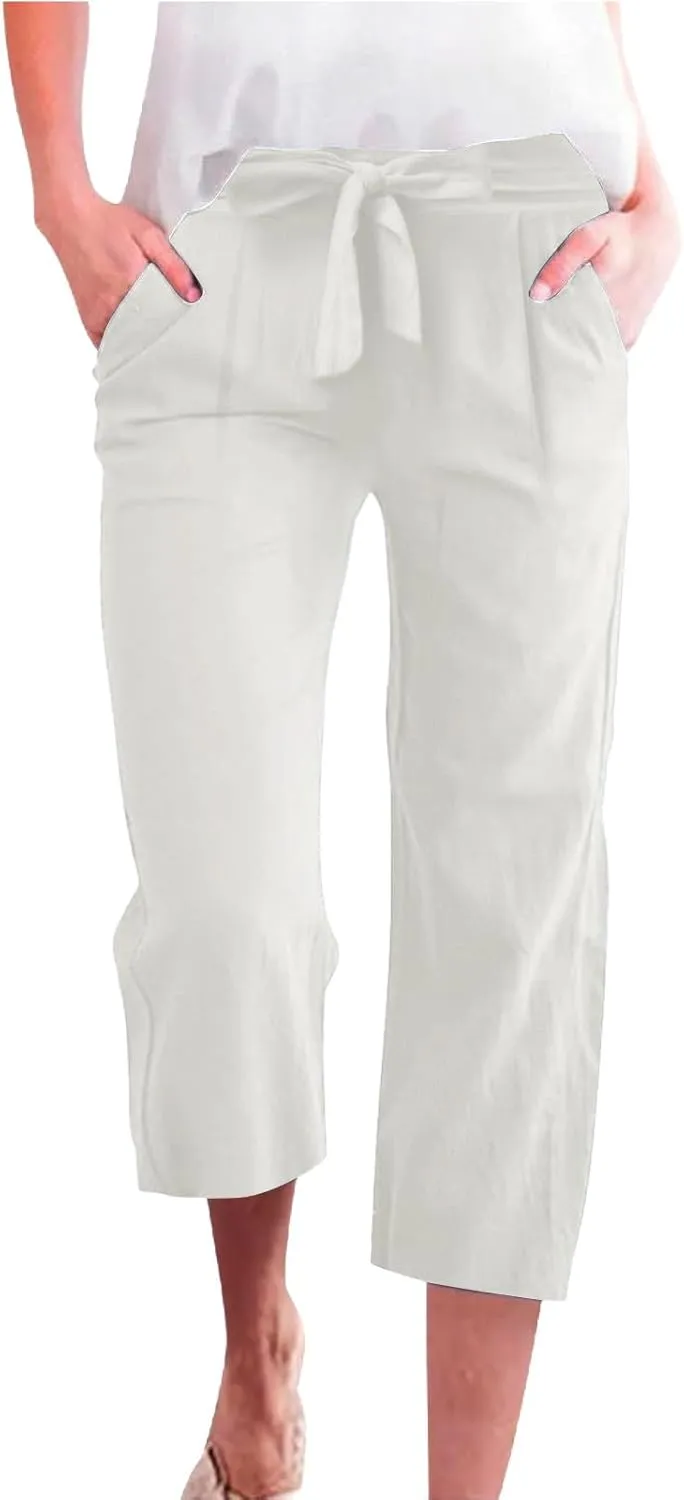 Linen Capris for Women Plus Size Paperbag High Waisted Crop Wide Leg Pants with Tie Summer Gaucho Pants Beach Outfits