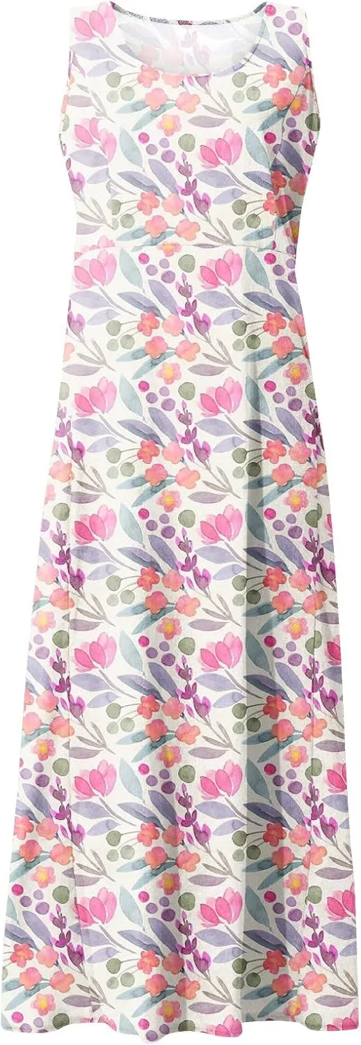 Linen Dress for Women 2024 Summer Flowy Tank Dress Printed Sleeveless Long Dress Casual Maxi Dresses with Pockets