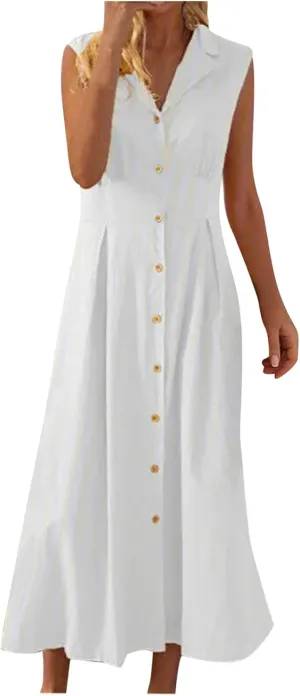Linen Dress Women Summer Sleeveless Sundresses Vneck Empire Waist Maxi Long Dresses Flowy Boho Beach Outfits