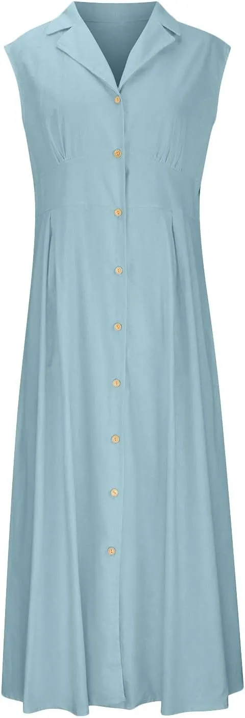 Linen Dress Women Summer Sleeveless Sundresses Vneck Empire Waist Maxi Long Dresses Flowy Boho Beach Outfits