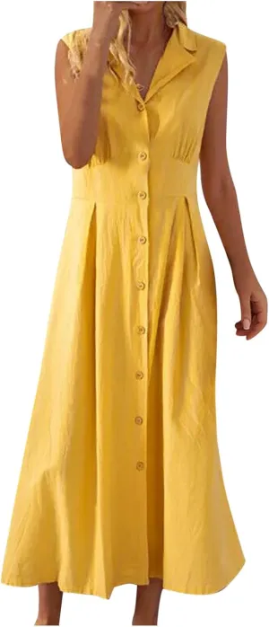 Linen Dress Women Summer Sleeveless Sundresses Vneck Empire Waist Maxi Long Dresses Flowy Boho Beach Outfits