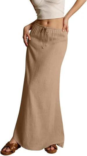 Linen Maxi Skirt for Women Trendy Summer Boho Flowy Drawstring A Line Skirts High Waisted Long Wrap Skirt