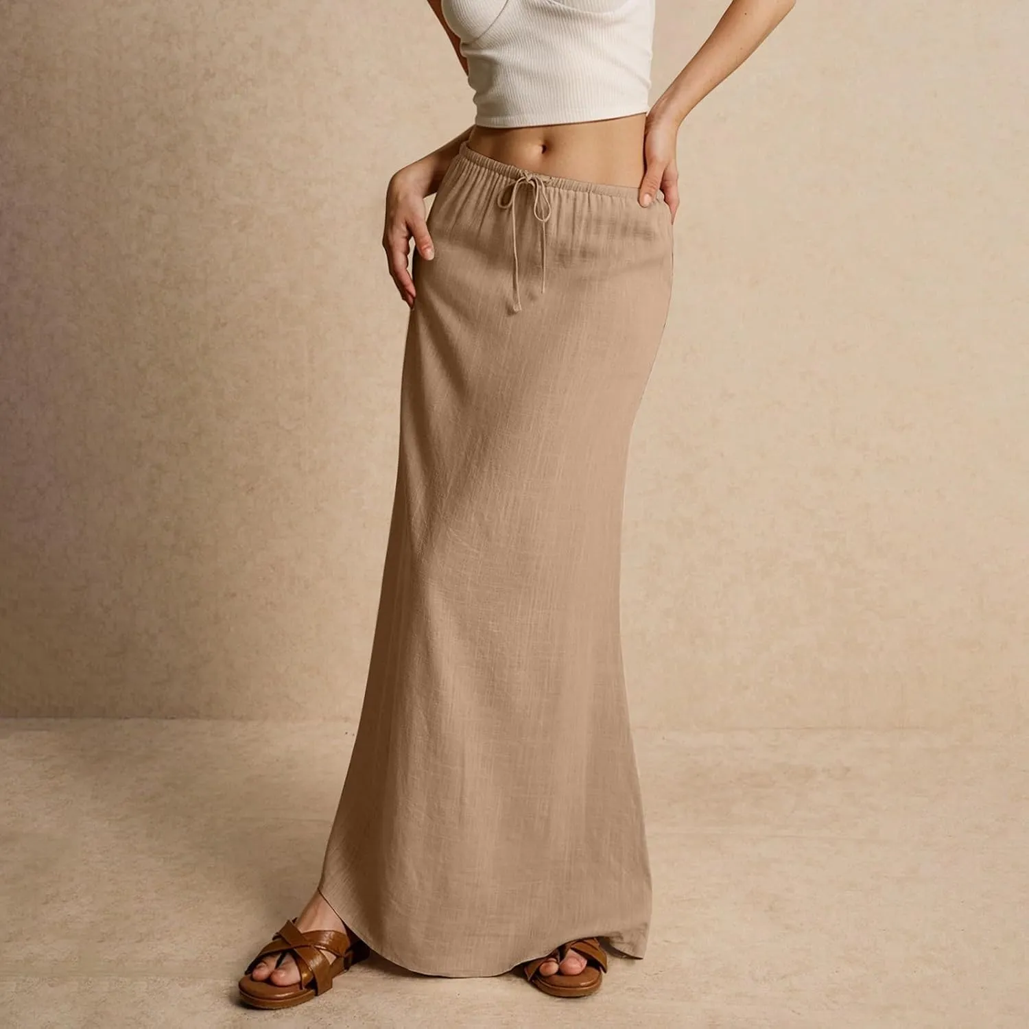 Linen Maxi Skirt for Women Trendy Summer Boho Flowy Drawstring A Line Skirts High Waisted Long Wrap Skirt
