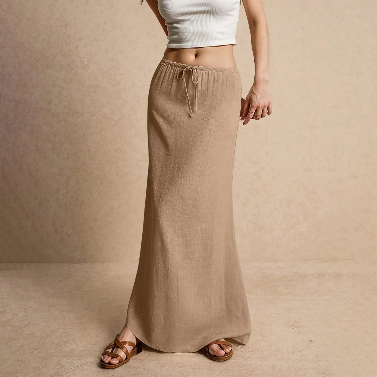 Linen Maxi Skirt for Women Trendy Summer Boho Flowy Drawstring A Line Skirts High Waisted Long Wrap Skirt