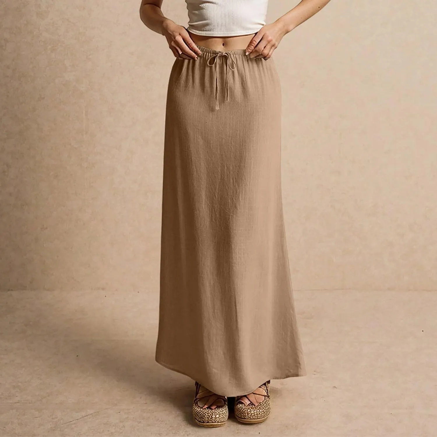 Linen Maxi Skirt for Women Trendy Summer Boho Flowy Drawstring A Line Skirts High Waisted Long Wrap Skirt