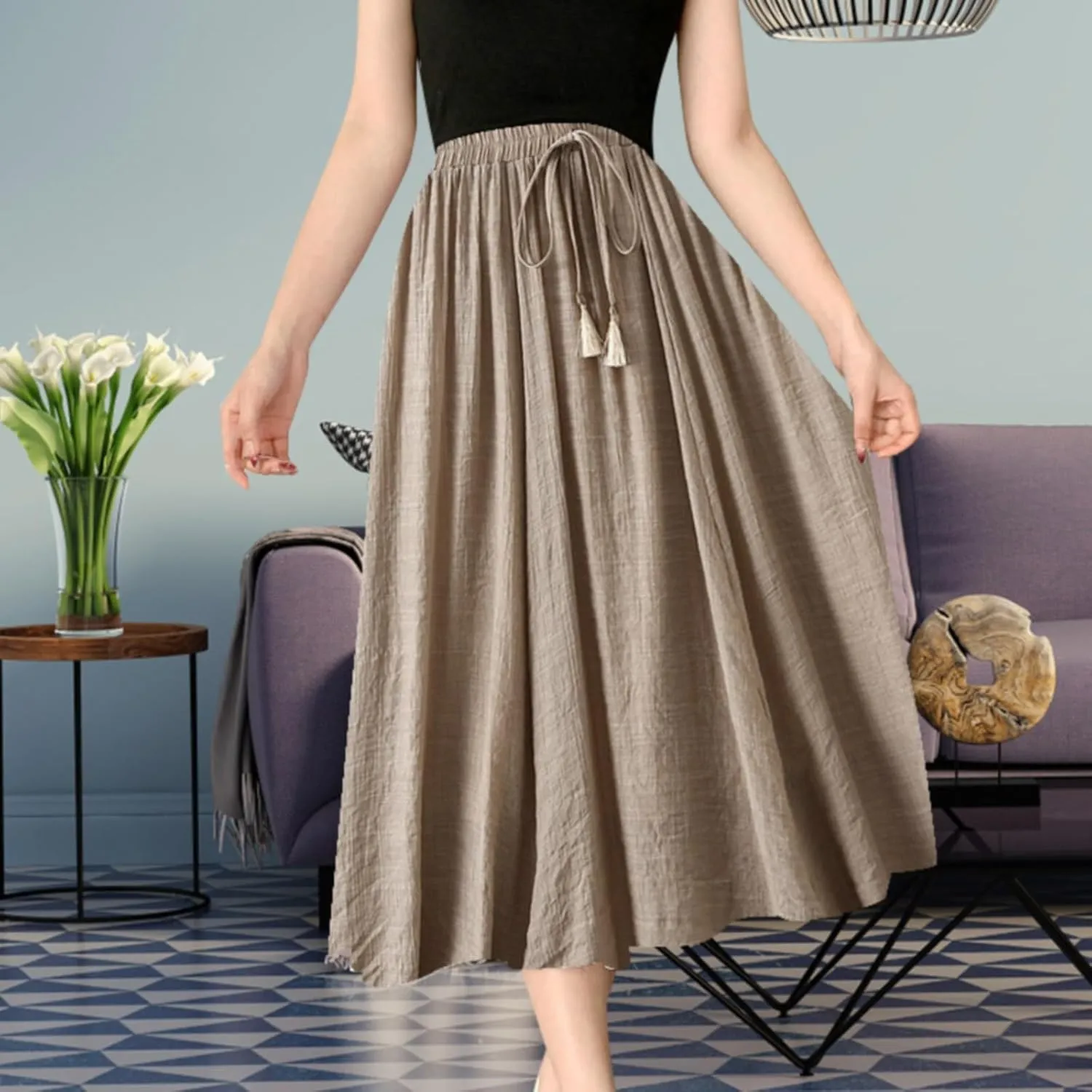 Linen Maxi Skirts for Women Flowy Cotton Pleated A-Line Long Skirt Boho Elastic Waist Drawstring 2025 Summer Dress