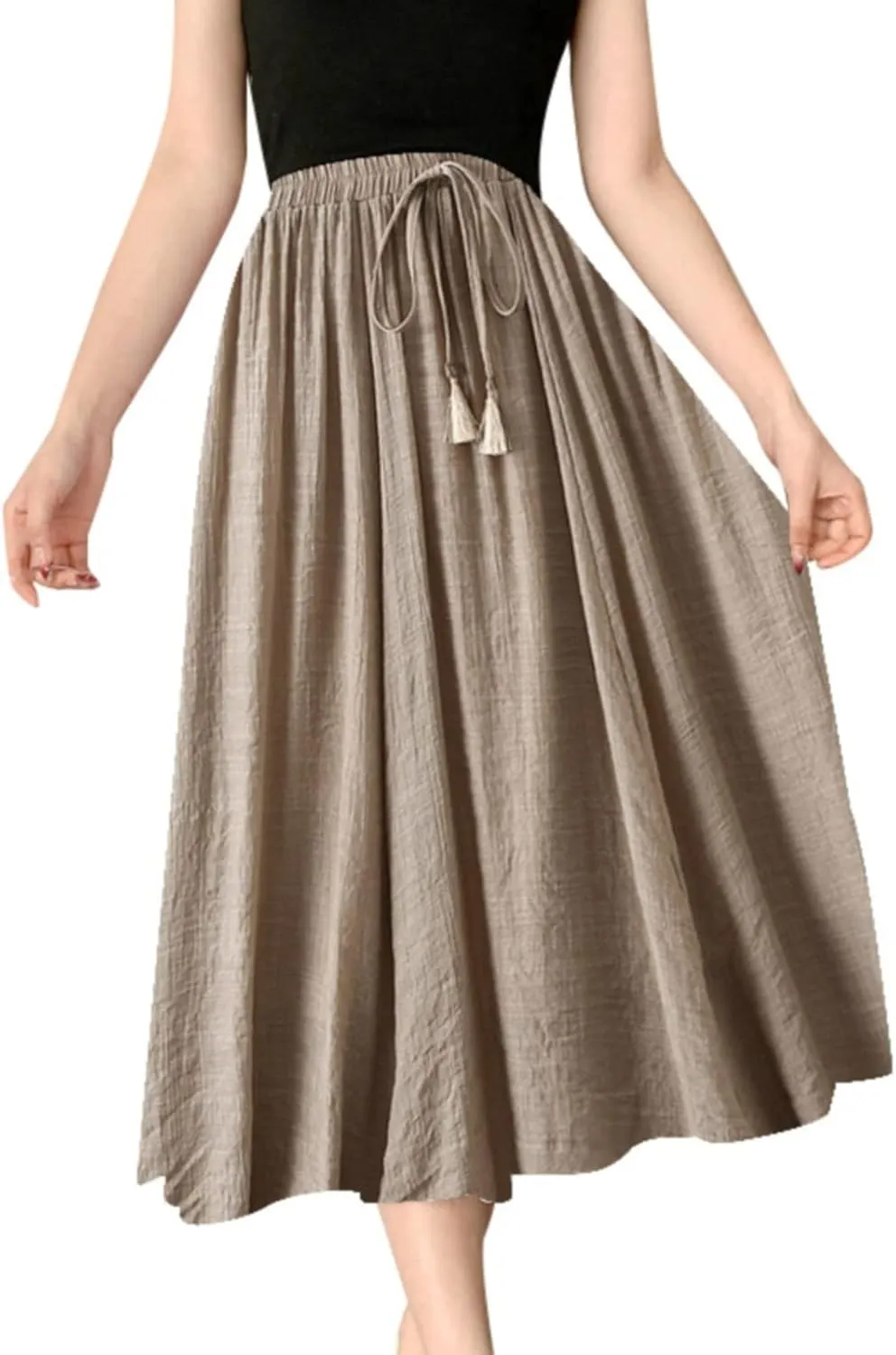 Linen Maxi Skirts for Women Flowy Cotton Pleated A-Line Long Skirt Boho Elastic Waist Drawstring 2025 Summer Dress