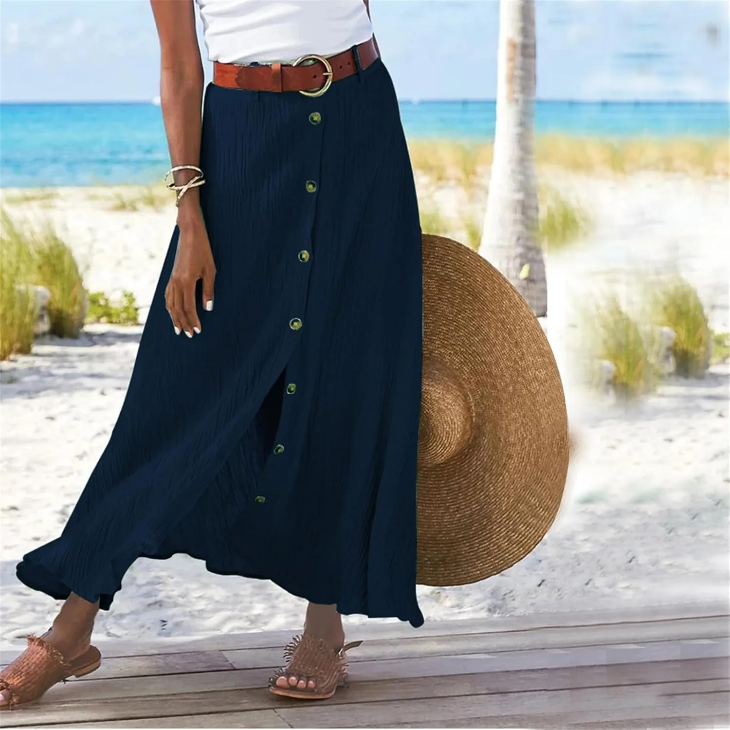 Linen Maxi Skirts for Women Summer Lightweight Midi Waisted Split Button Skorts Casual Breathable A Line Beach Skirt