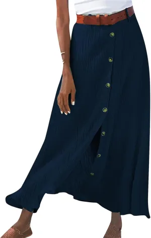 Linen Maxi Skirts for Women Summer Lightweight Midi Waisted Split Button Skorts Casual Breathable A Line Beach Skirt