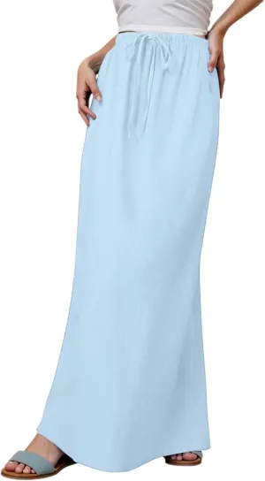 Linen Maxi Skirts for Women Trendy Summer Vacation Comfy Drawstring Waist A Line Skirts Cute Boho Long Flowy Dress