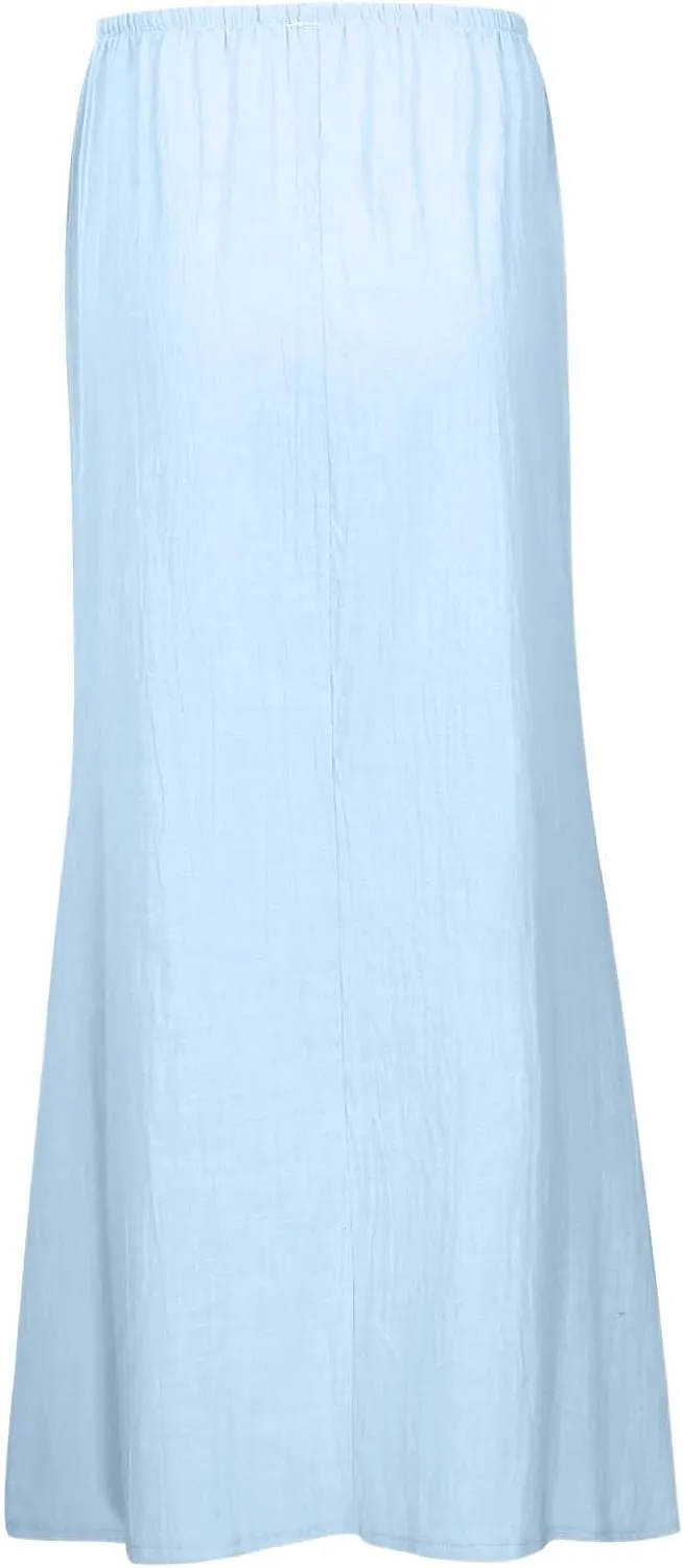 Linen Maxi Skirts for Women Trendy Summer Vacation Comfy Drawstring Waist A Line Skirts Cute Boho Long Flowy Dress