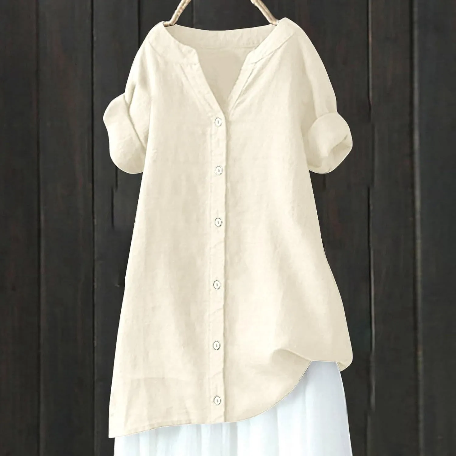 Linen Shirts for Women Summer Cotton Linen Plain Long Sleeve Tunic Tops Casual Loose Fit Beach V-Neck Tee Tops