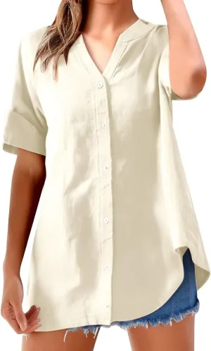 Linen Shirts for Women Summer Cotton Linen Plain Long Sleeve Tunic Tops Casual Loose Fit Beach V-Neck Tee Tops