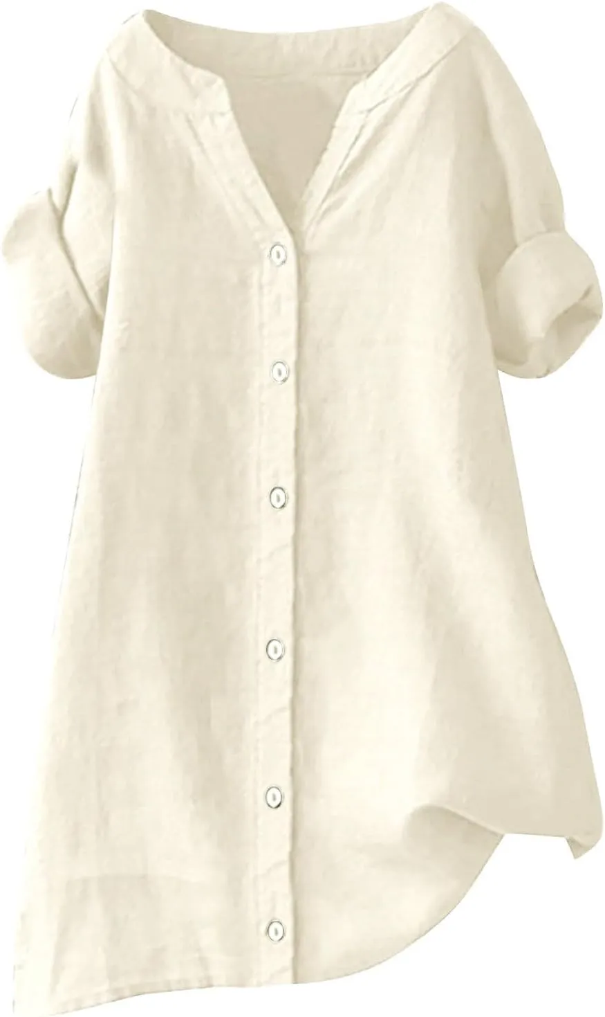 Linen Shirts for Women Summer Cotton Linen Plain Long Sleeve Tunic Tops Casual Loose Fit Beach V-Neck Tee Tops