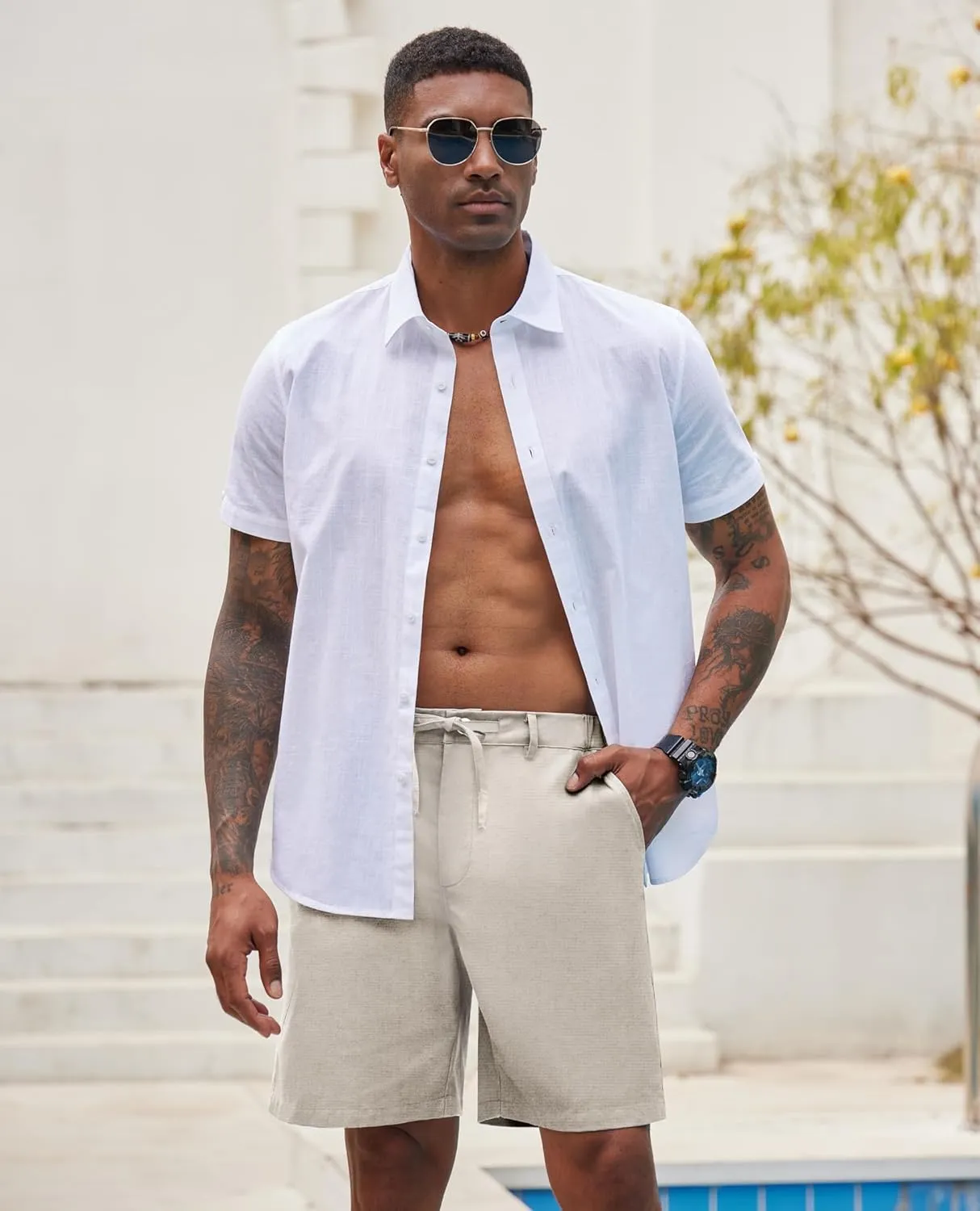 Linen Shorts for Men - Casual Beach Shorts with Pockets and Drawstring
