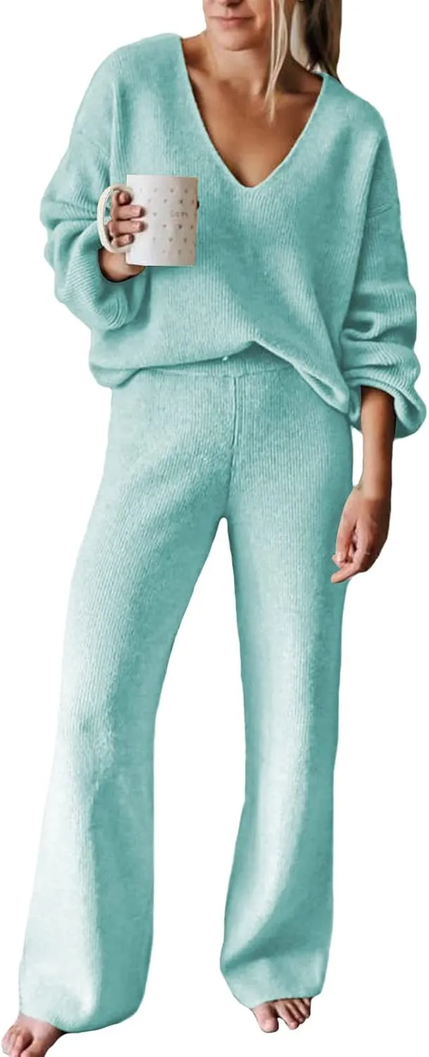 Linsery Women 2 Piece Knit Set Long Sleeve Pullover Sweater Top Wide Leg Pant Sweatsuit Outfits