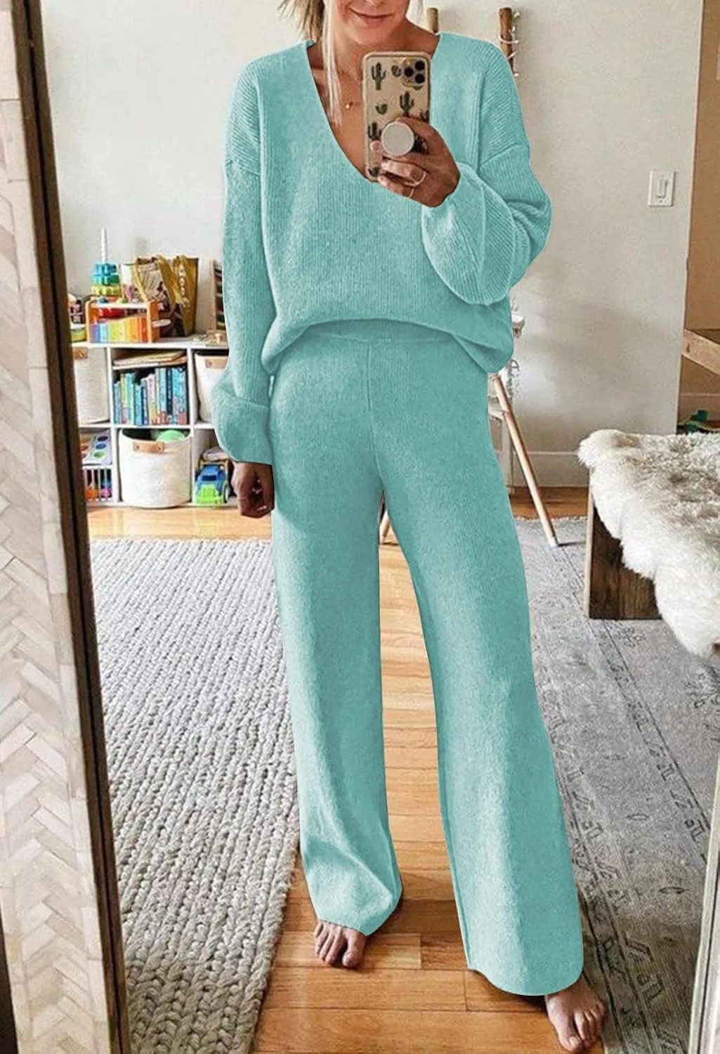 Linsery Women 2 Piece Knit Set Long Sleeve Pullover Sweater Top Wide Leg Pant Sweatsuit Outfits