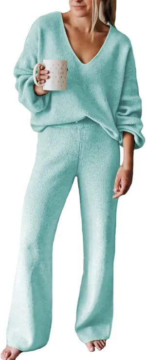 Linsery Women 2 Piece Knit Set Long Sleeve Pullover Sweater Top Wide Leg Pant Sweatsuit Outfits