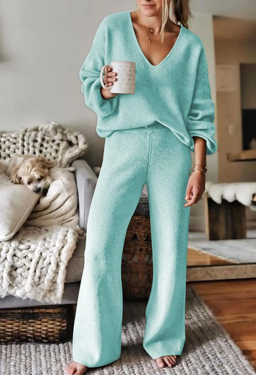 Linsery Women 2 Piece Knit Set Long Sleeve Pullover Sweater Top Wide Leg Pant Sweatsuit Outfits