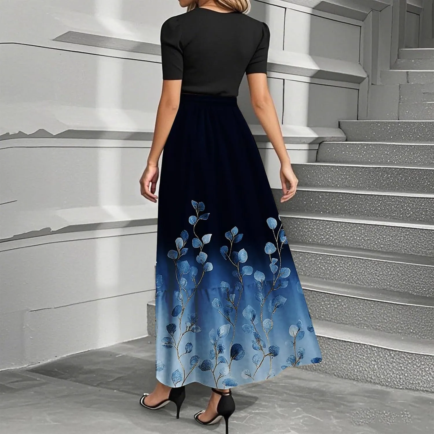 Long Floral Dresses for Women 2025 Elegant Tie Belted Patchwork Dress Empire Waist Short Sleeve Flowy Maxi Dress