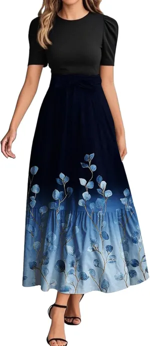 Long Floral Dresses for Women 2025 Elegant Tie Belted Patchwork Dress Empire Waist Short Sleeve Flowy Maxi Dress