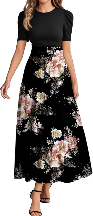 Long Floral Dresses for Women 2025 Elegant Tie Belted Patchwork Dress Empire Waist Short Sleeve Flowy Maxi Dress