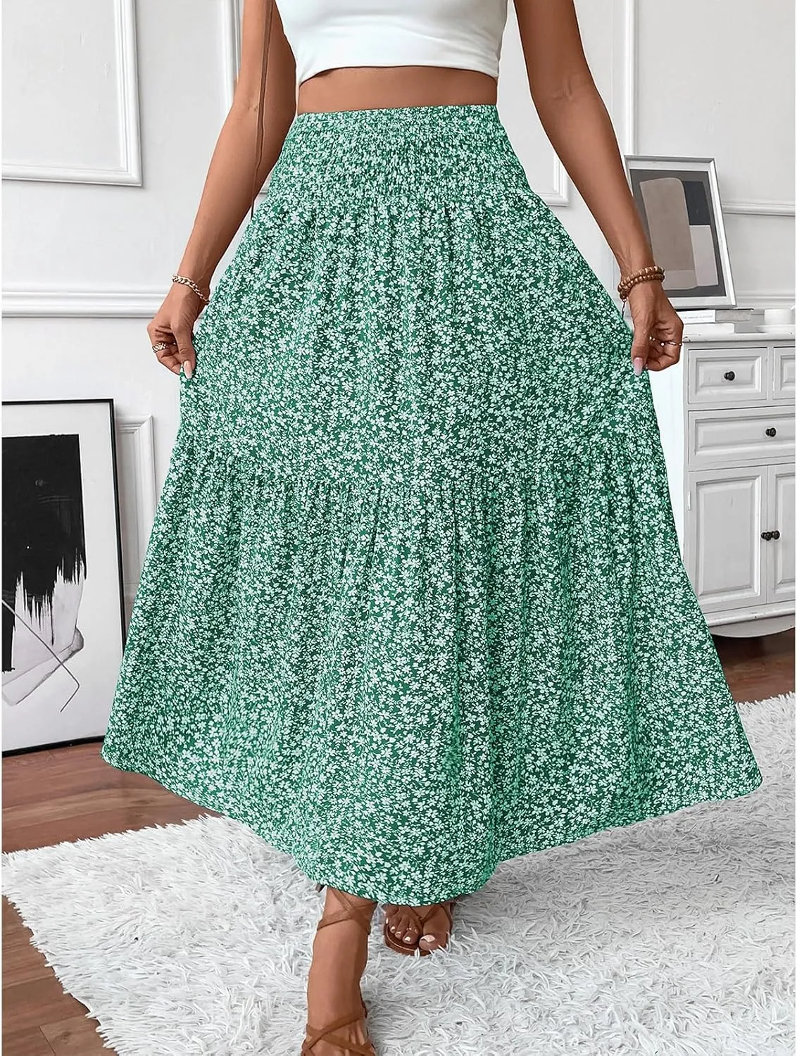 Long Flowy Skirts for Women Boho Chiffon Elastic High Waist Pleated A-Line Flared Maxi Skirt Summer Beach Skirts