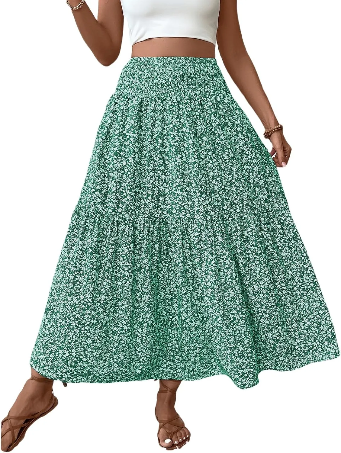 Long Flowy Skirts for Women Boho Chiffon Elastic High Waist Pleated A-Line Flared Maxi Skirt Summer Beach Skirts