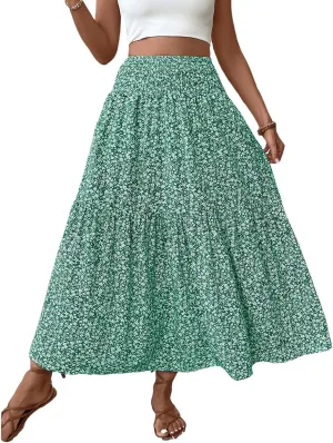 Long Flowy Skirts for Women Boho Chiffon Elastic High Waist Pleated A-Line Flared Maxi Skirt Summer Beach Skirts