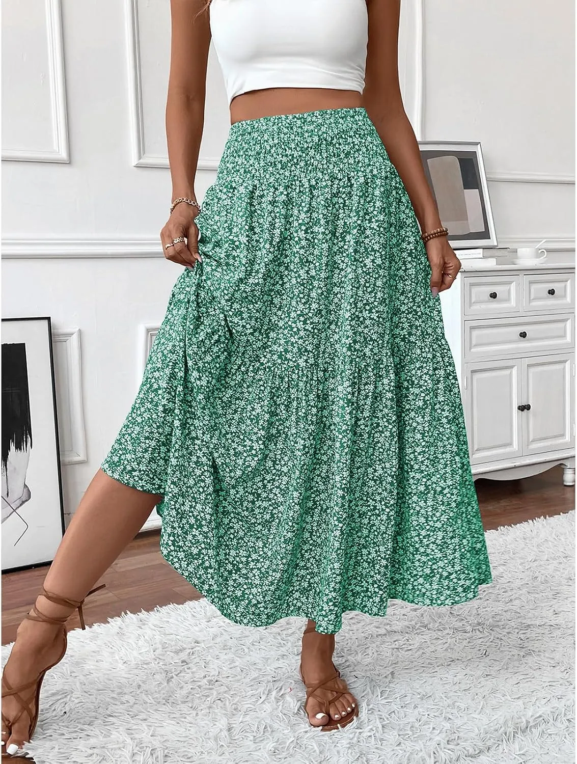 Long Flowy Skirts for Women Boho Chiffon Elastic High Waist Pleated A-Line Flared Maxi Skirt Summer Beach Skirts