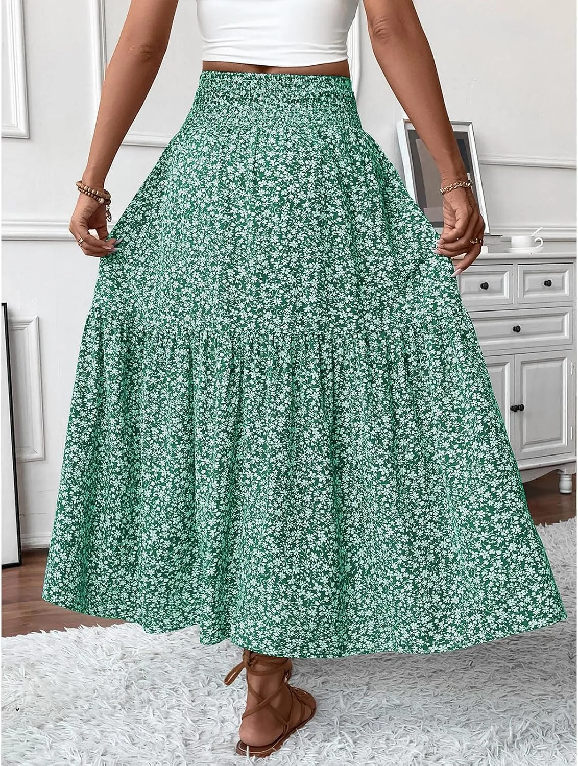 Long Flowy Skirts for Women Boho Chiffon Elastic High Waist Pleated A-Line Flared Maxi Skirt Summer Beach Skirts