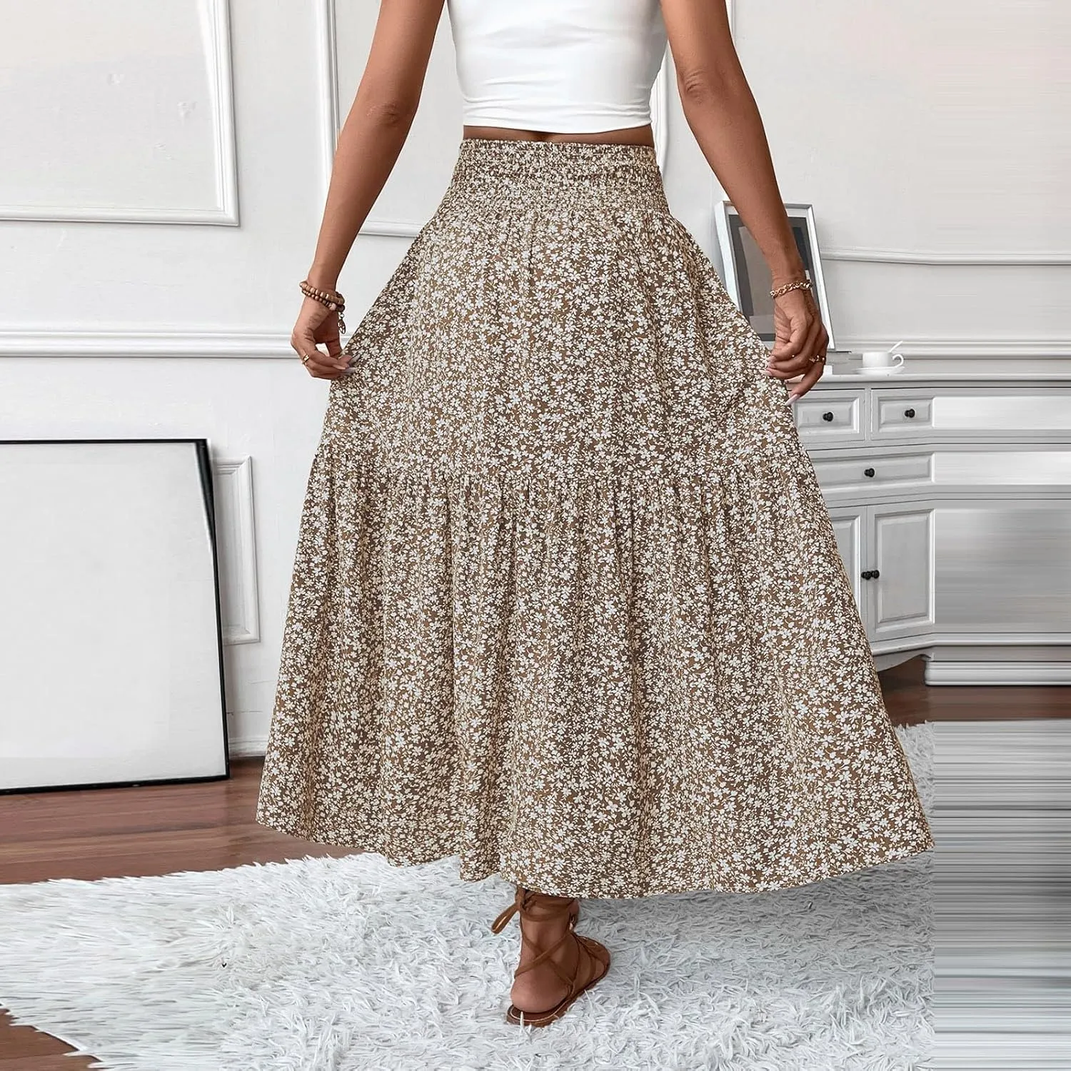 Long Flowy Skirts for Women Summer Elastic Waist Smocked Ruffle Tiered Floral Maxi Skirt with Pockets Boho A Line Skorts