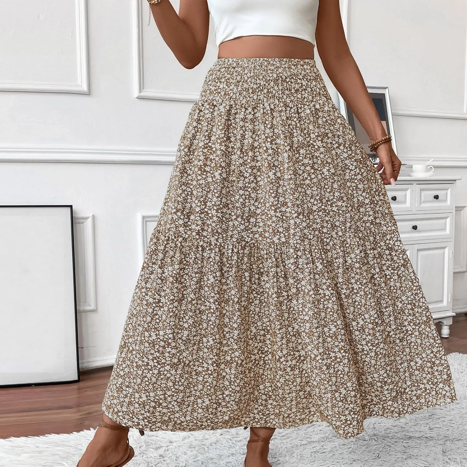 Long Flowy Skirts for Women Summer Elastic Waist Smocked Ruffle Tiered Floral Maxi Skirt with Pockets Boho A Line Skorts