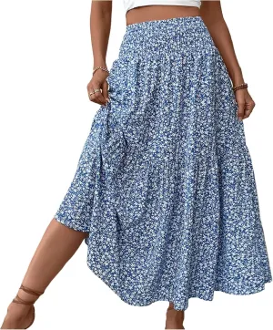 Long Flowy Skirts for Women Summer Elastic Waist Smocked Ruffle Tiered Floral Maxi Skirt with Pockets Boho A Line Skorts