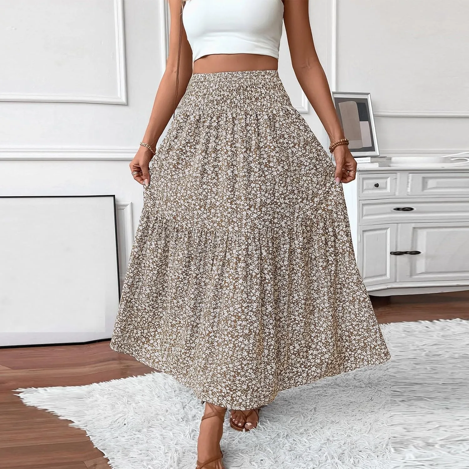 Long Flowy Skirts for Women Summer Elastic Waist Smocked Ruffle Tiered Floral Maxi Skirt with Pockets Boho A Line Skorts