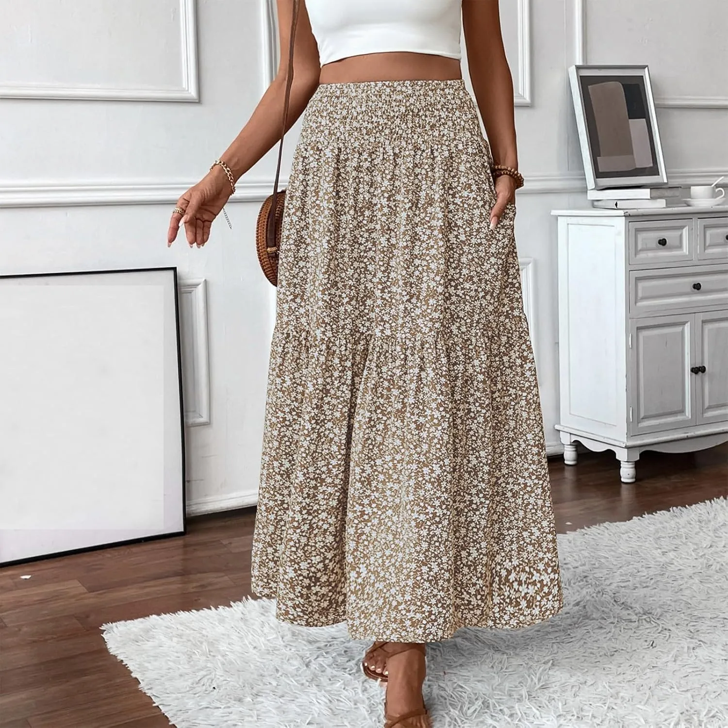 Long Flowy Skirts for Women Summer Elastic Waist Smocked Ruffle Tiered Floral Maxi Skirt with Pockets Boho A Line Skorts