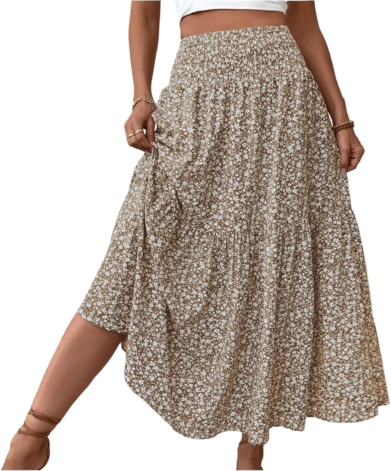 Long Flowy Skirts for Women Summer Elastic Waist Smocked Ruffle Tiered Floral Maxi Skirt with Pockets Boho A Line Skorts