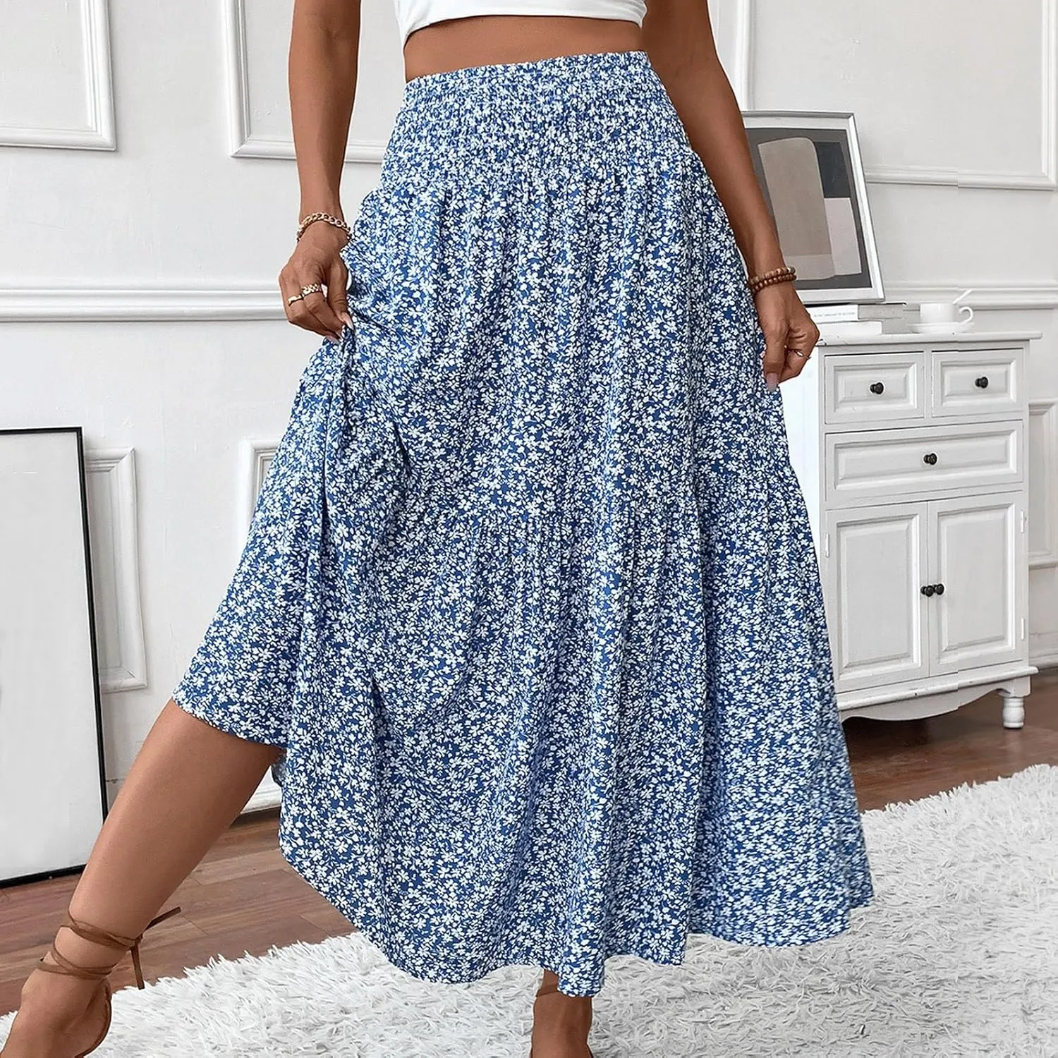 Long Flowy Skirts for Women Summer Elastic Waist Smocked Ruffle Tiered Floral Maxi Skirt with Pockets Boho A Line Skorts