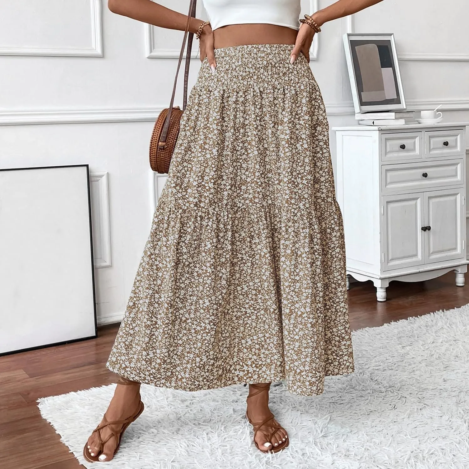 Long Flowy Skirts for Women Summer Elastic Waist Smocked Ruffle Tiered Floral Maxi Skirt with Pockets Boho A Line Skorts