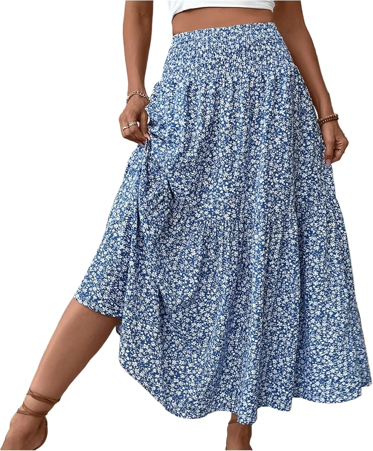 Long Flowy Skirts for Women Summer Elastic Waist Smocked Ruffle Tiered Floral Maxi Skirt with Pockets Boho A Line Skorts